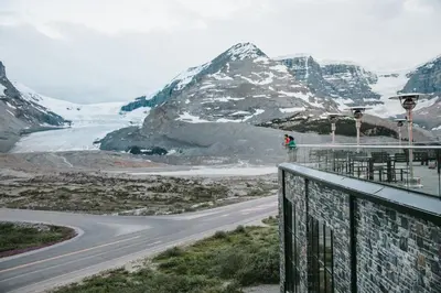 a view of a road and a mountain at Glacier View Lodge in Sunwapta