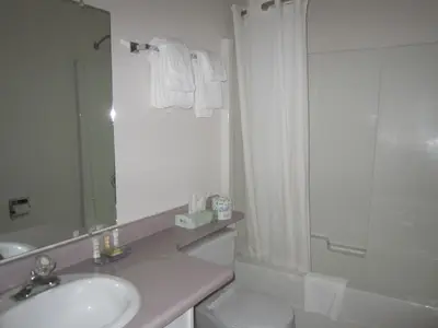 a bathroom with a sink and a toilet and a shower at Sage Inn Merritt BC in Merritt