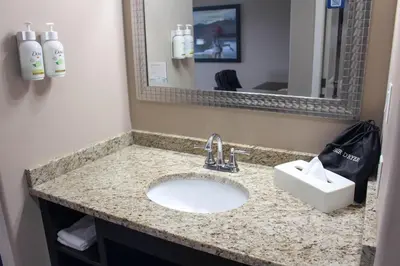 a bathroom counter with a sink and a mirror at Ramada by Wyndham Sherwood Park in Sherwood Park