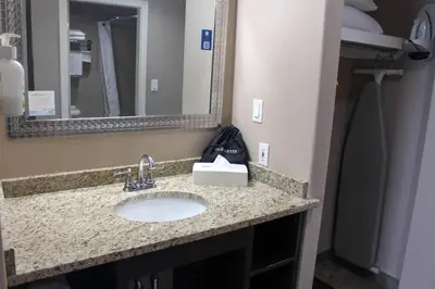 a bathroom counter with a sink and a mirror at Ramada by Wyndham Sherwood Park in Sherwood Park