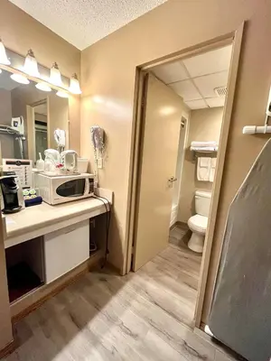 a bathroom with a toilet and a microwave on a counter at Royal Hotel Lloydminster in Lloydminster