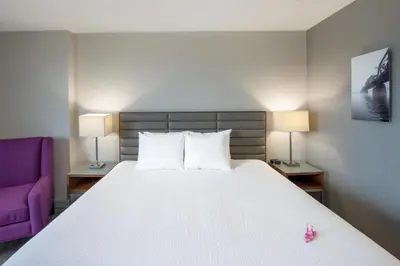 a bedroom with a large bed and a purple chair at Coast Prince George Hotel by APA in Prince George