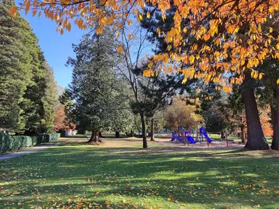 a park with a playground and trees with autumn leaves at Three Kittens Guesthouse in Burnaby