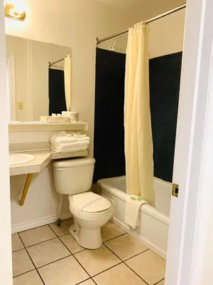 a bathroom with a toilet and a sink and a tub at Traveler's Motel Penticton in Penticton