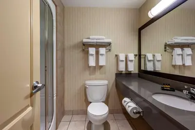 a bathroom with a toilet and a sink and a mirror at Best Western Plus Meridian in Lloydminster