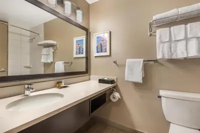 a bathroom with a sink and a mirror and a toilet at Best Western PLUS Calgary Centre Inn in Calgary