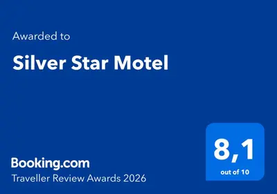 a blue square with the text awarded to silver star motel at Silver Star Motel in Vernon