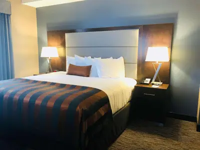 a hotel room with a large bed with two lamps at Wingate by Wyndham Kamloops in Kamloops