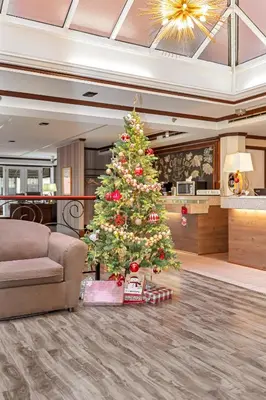 a christmas tree in the middle of a living room at The Bedford Regency Hotel in Victoria