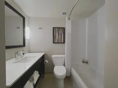 a bathroom with a toilet and a sink and a tub at Coast Capri Hotel in Kelowna