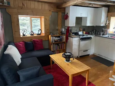 a living room with a couch and a table at Vines and Puppies Hideaway in Jade City