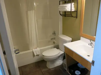 a bathroom with a white toilet and a sink at Vedder River Inn in Chilliwack