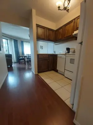 a kitchen with wooden cabinets and a living room at Heron's Landing Hotel in Campbell River