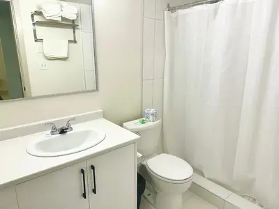 a bathroom with a sink and a toilet and a mirror at Canadian Inn in Surrey
