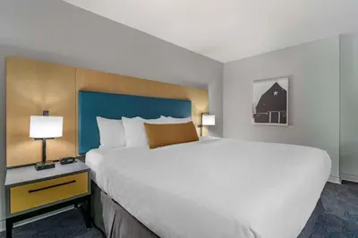 a large bed in a hotel room with two lamps at Clarion Hotel & Conference Centre in Abbotsford