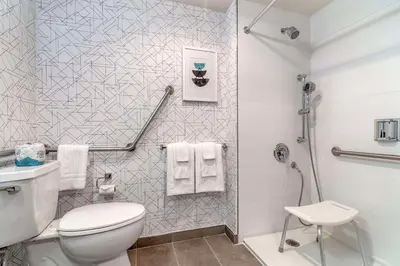 a white bathroom with a toilet and a shower at Clarion Hotel & Conference Centre in Abbotsford