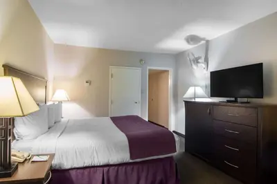 a hotel room with a bed and a flat screen tv at Quality Inn & Suites Yellowknife in Yellowknife