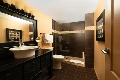a bathroom with a sink and a toilet and a shower at Prestige Vernon Hotel in Vernon
