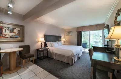 a hotel room with a bed and a desk at Prestige Inn Nelson in Nelson