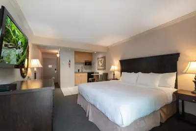a hotel room with a large bed and a kitchen at Prestige Inn Nelson in Nelson