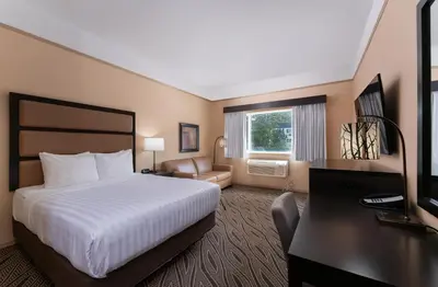 a hotel room with a bed and a television at Prestige Golden Hotel in Golden