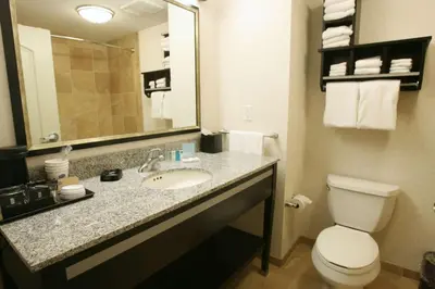a bathroom with a sink and a toilet and a mirror at Hampton Inn by Hilton Fort Saskatchewan in Fort Saskatchewan