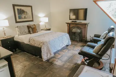 a bedroom with a bed and a chair and a television at Cobble Wood and Bird Sanctuary Guest Houses in Tofino