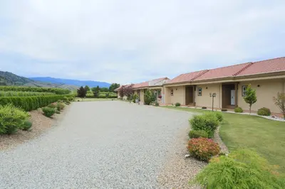 a house with a gravel driveway next to a vineyard at Shiraz Villa in Osoyoos