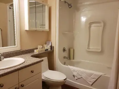a bathroom with a toilet and a sink and a shower at Travelodge by Wyndham Spruce Grove in Spruce Grove