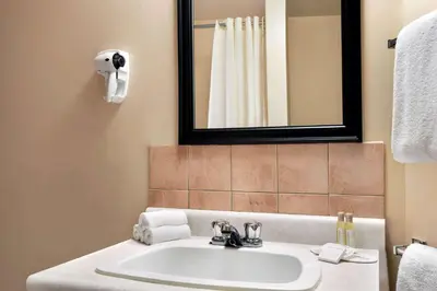 a bathroom with a sink and a mirror at Thriftlodge Edmonton in Edmonton