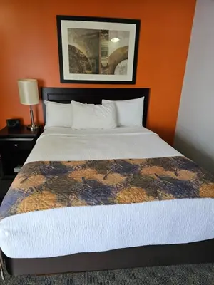 a bedroom with a large bed with an orange wall at BCMInns - Coleman in Coleman