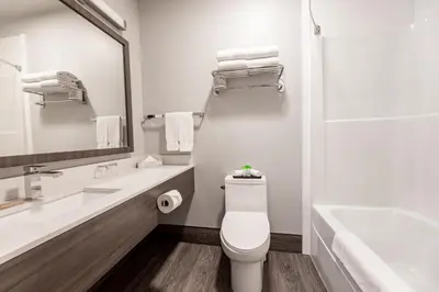 a bathroom with a toilet and a sink and a tub at The Kanata by BCMInns - Hinton in Hinton