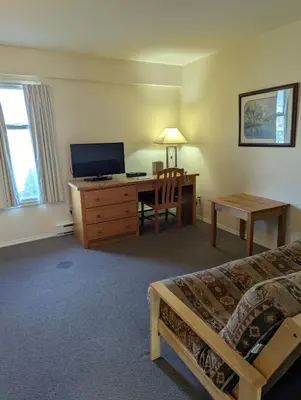 a bedroom with a bed and a desk with a television at Summerland Motel in Summerland