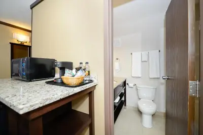 a bathroom with a toilet and a microwave on a counter at Siding 16 Lodge in Wetaskiwin