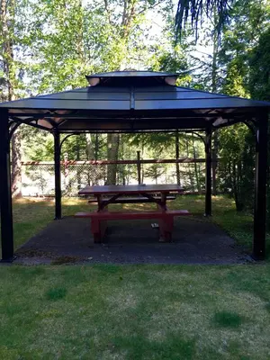a picnic shelter with a picnic table in a park at Copper River Motel in Terrace