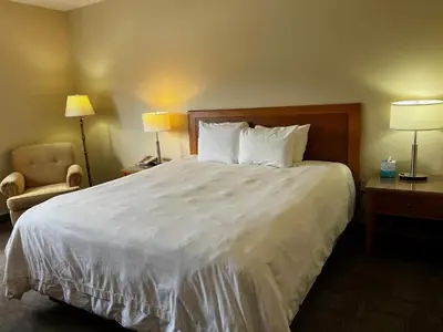 a hotel room with a large white bed and a chair at Athabasca Valley Inn & Suites in Hinton