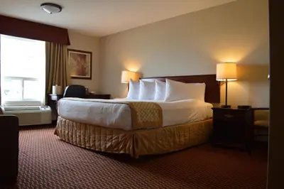 a hotel room with a large bed and a window at Best Western of Olds in Olds