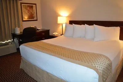 a hotel room with a large bed and a desk at Best Western of Olds in Olds