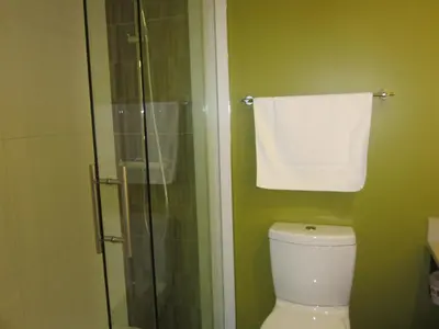 a bathroom with a shower and a toilet and a towel at Inn on the Harbour in Prince Rupert