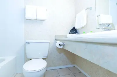 a bathroom with a white toilet and a sink at Sandman Hotel Penticton in Penticton