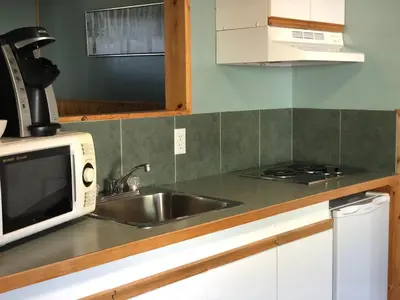 a kitchen with a sink and a microwave at Piccadilly Motel in Radium Hot Springs
