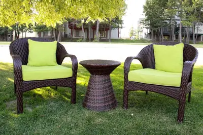 two wicker chairs and a table in the grass at Crystal Springs Lodge in Radium Hot Springs