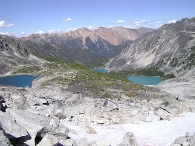 a view from the top of a mountain with two lakes at Cedar Motel in Radium Hot Springs