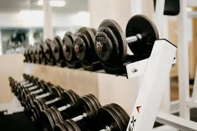 a row of dumbbells on a rack in a gym at Ramada Golden in Golden
