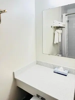 a bathroom with a sink and a mirror at Ramada by Wyndham Dawson Creek in Dawson Creek