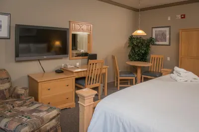a bedroom with a bed and a desk and a tv at Hilltop Inn - Salmon Arm in Salmon Arm