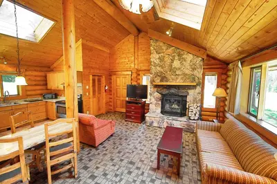 a living room with a couch and a fireplace at Castle Mountain Chalets in Castle Junction