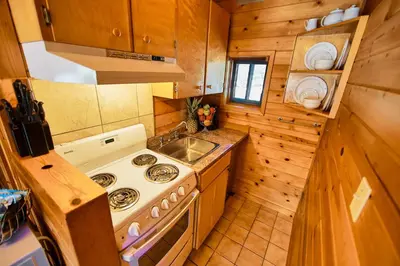 a small kitchen with a stove and a sink at Castle Mountain Chalets in Castle Junction