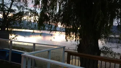 a tree and a fence next to a body of water at Bella Villa Resort Motel in Osoyoos