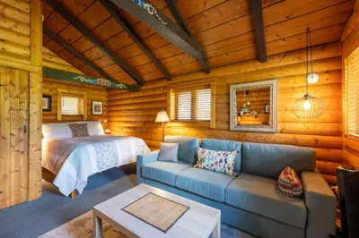 a bedroom with a bed and a couch in a room at Rocky Mountain Cabins and Home in Golden